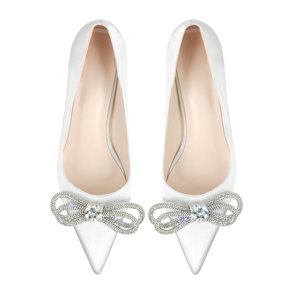 Pointed Toe Rhinestone Bow Mid Heel Pumps