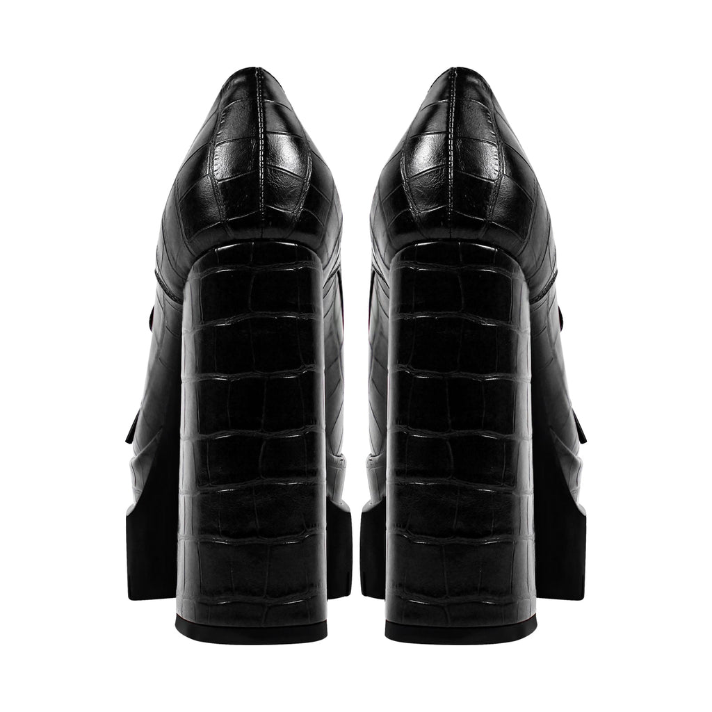 Double Platform Leather Patterned Lace Up Pumps