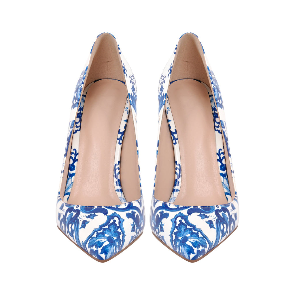Blue and White Pattern Pointed Toe Pumps