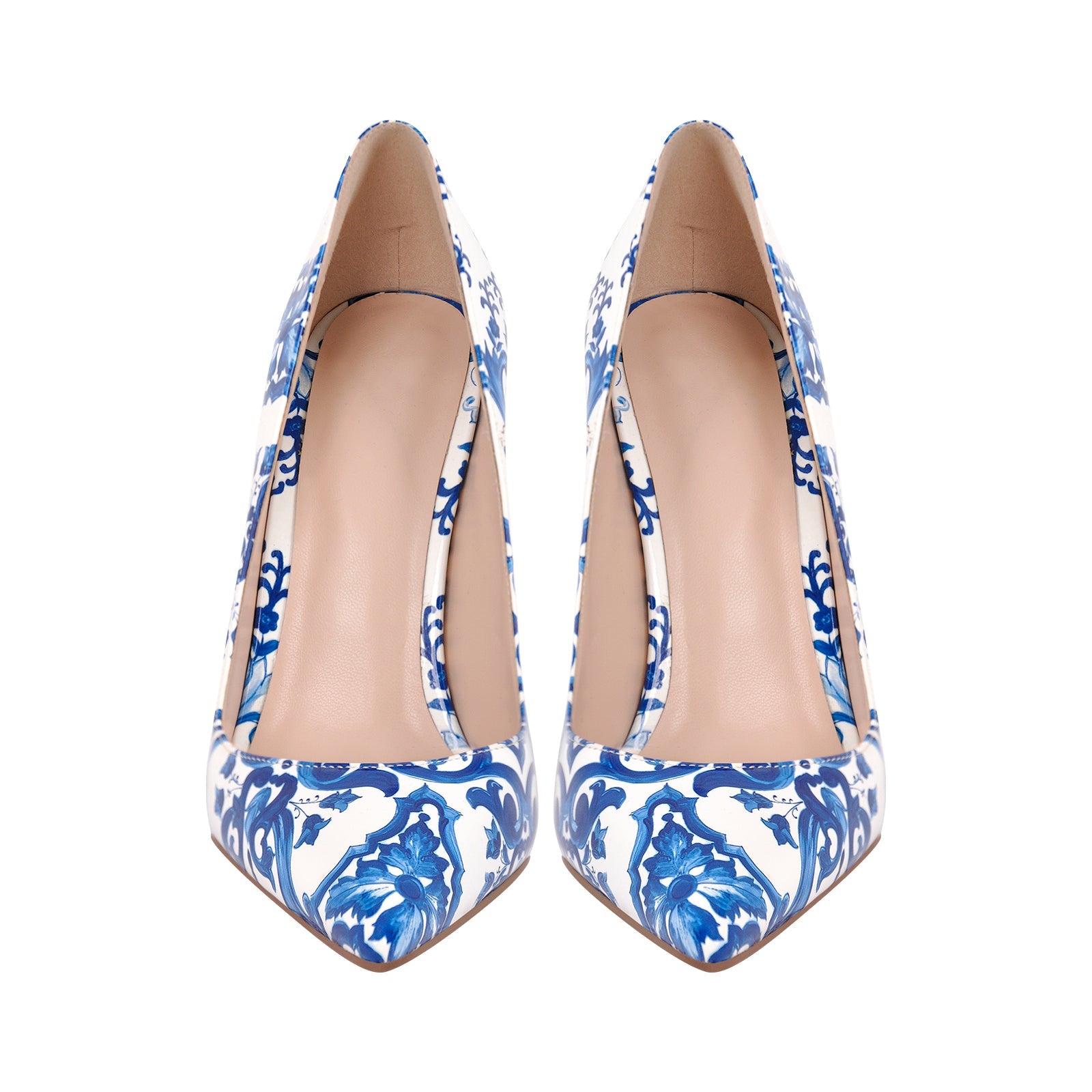 Blue and White Pattern Pointed Toe Pumps