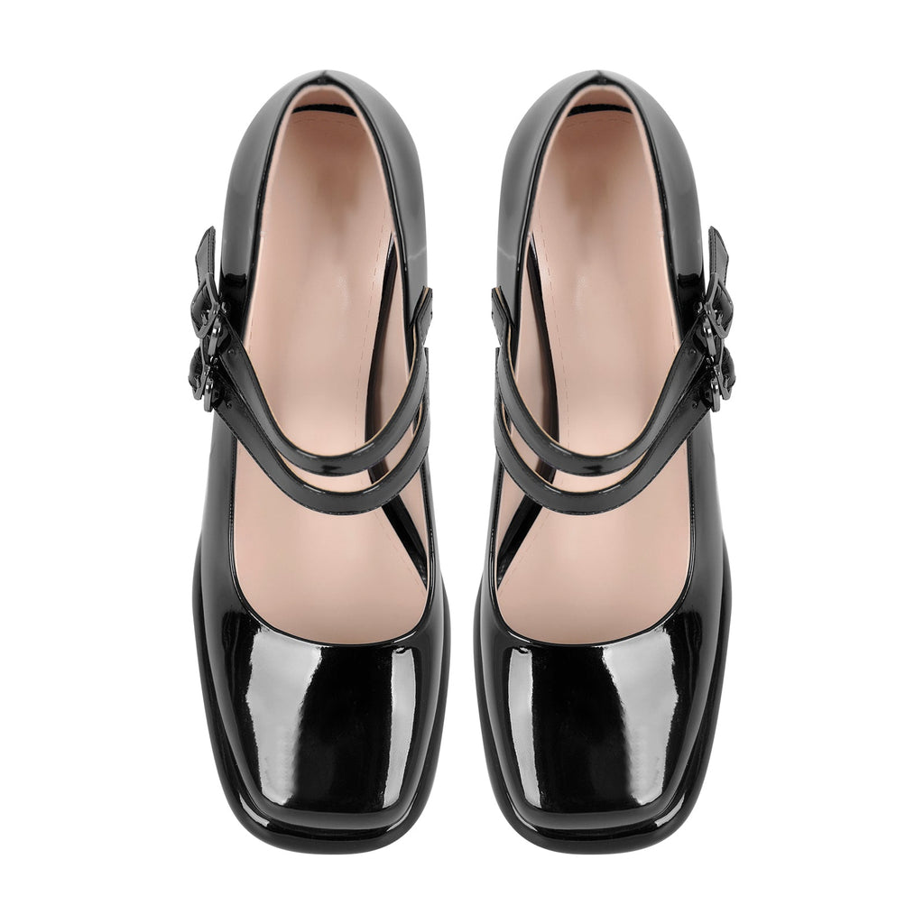 Square Toe Mary Jane Buckle Strap Chunky Heel Pumps
