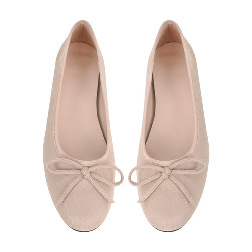 Bow Round Toe Suede Natural Ballet Flats
