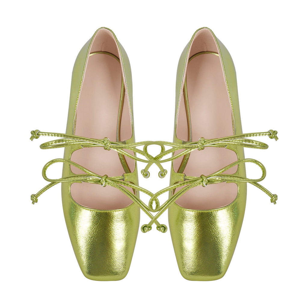 Square Toe Bow Strap Metallic Flats