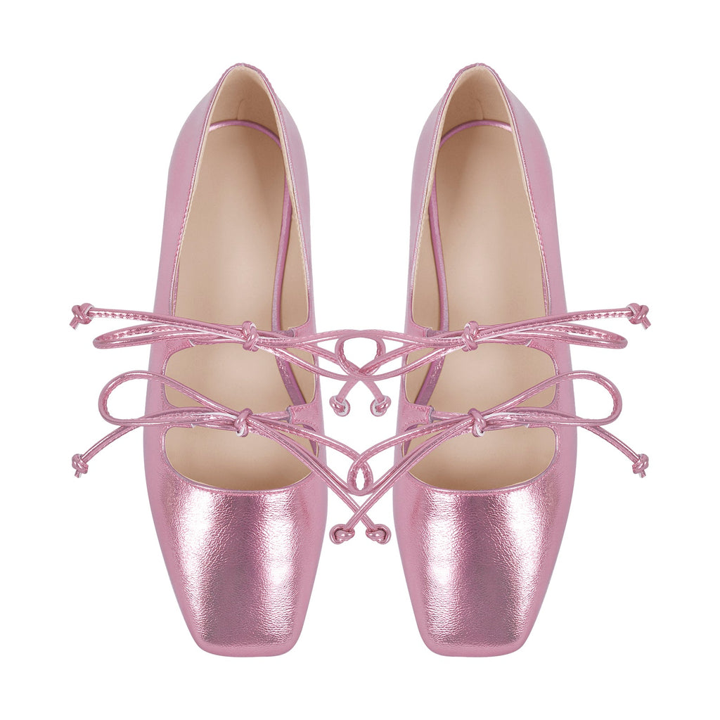Square Toe Bow Strap Metallic Flats