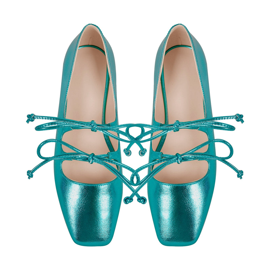 Square Toe Bow Strap Metallic Flats