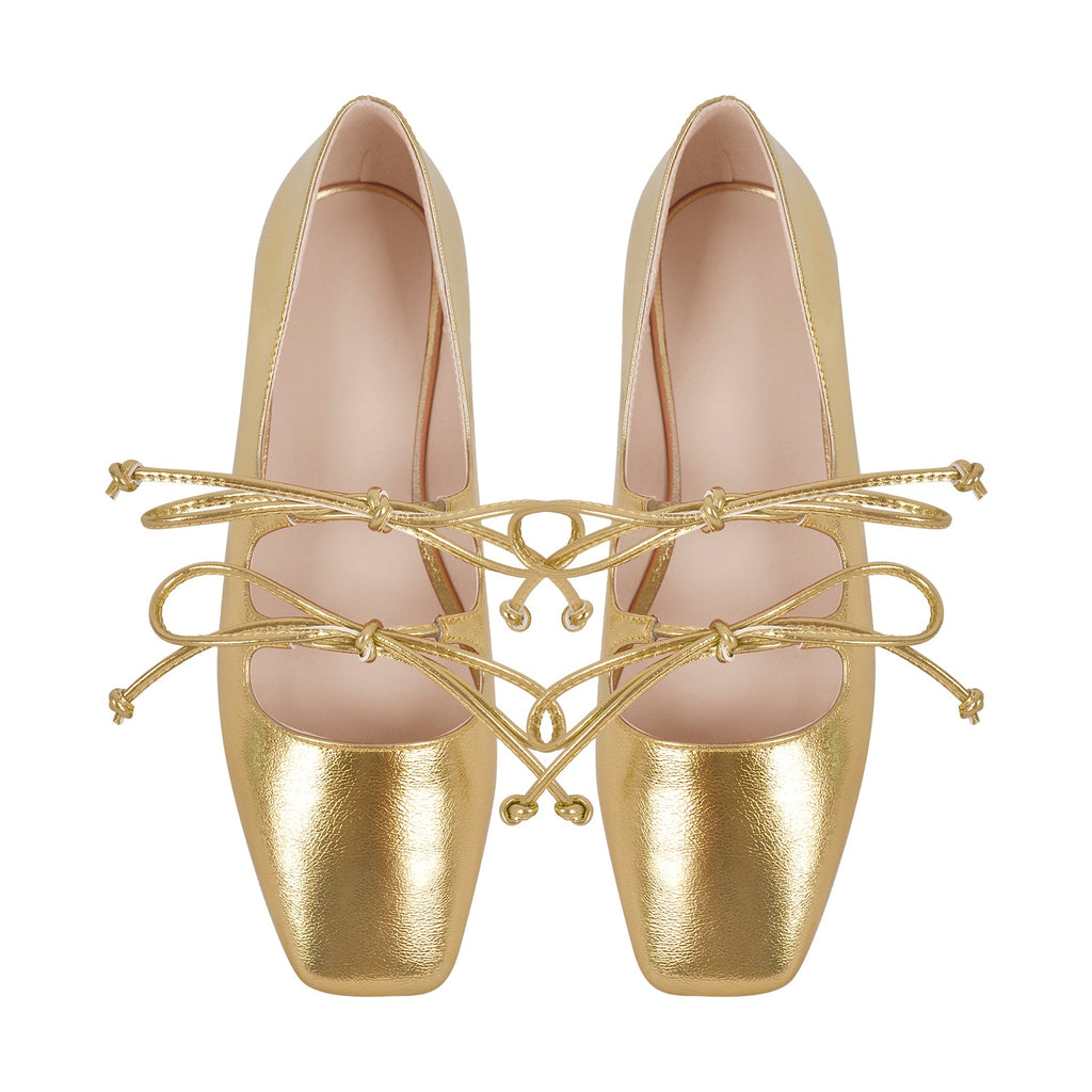 Square Toe Bow Strap Metallic Flats