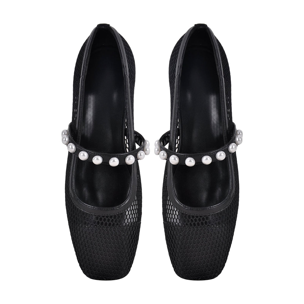 Square Toe Pearl Belt Mesh Flats