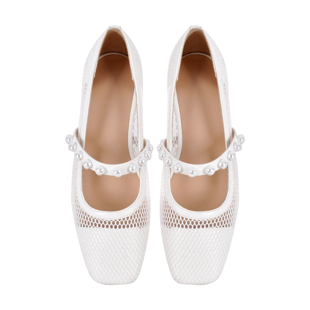 Square Toe Pearl Belt Mesh Flats