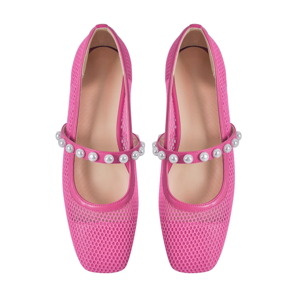 Square Toe Pearl Belt Mesh Flats