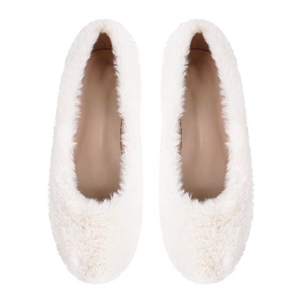 White Fluffy Round Toe Flats