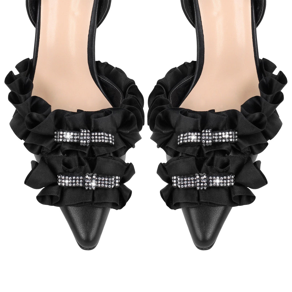 Rhinestone Lace Bow Pointed Toe Stiletto Slingback Pumps