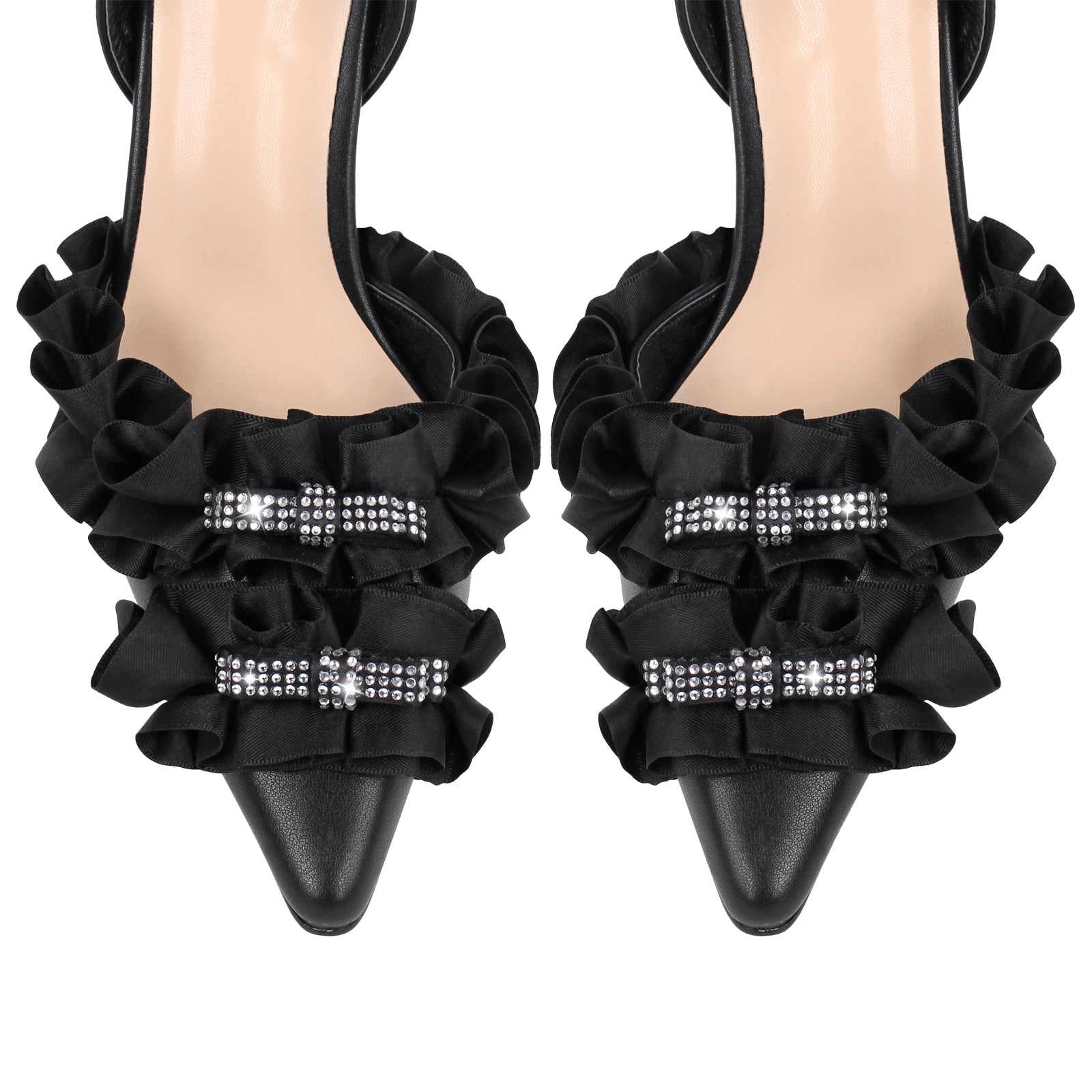 Rhinestone Lace Bow Pointed Toe Stiletto Slingback Pumps