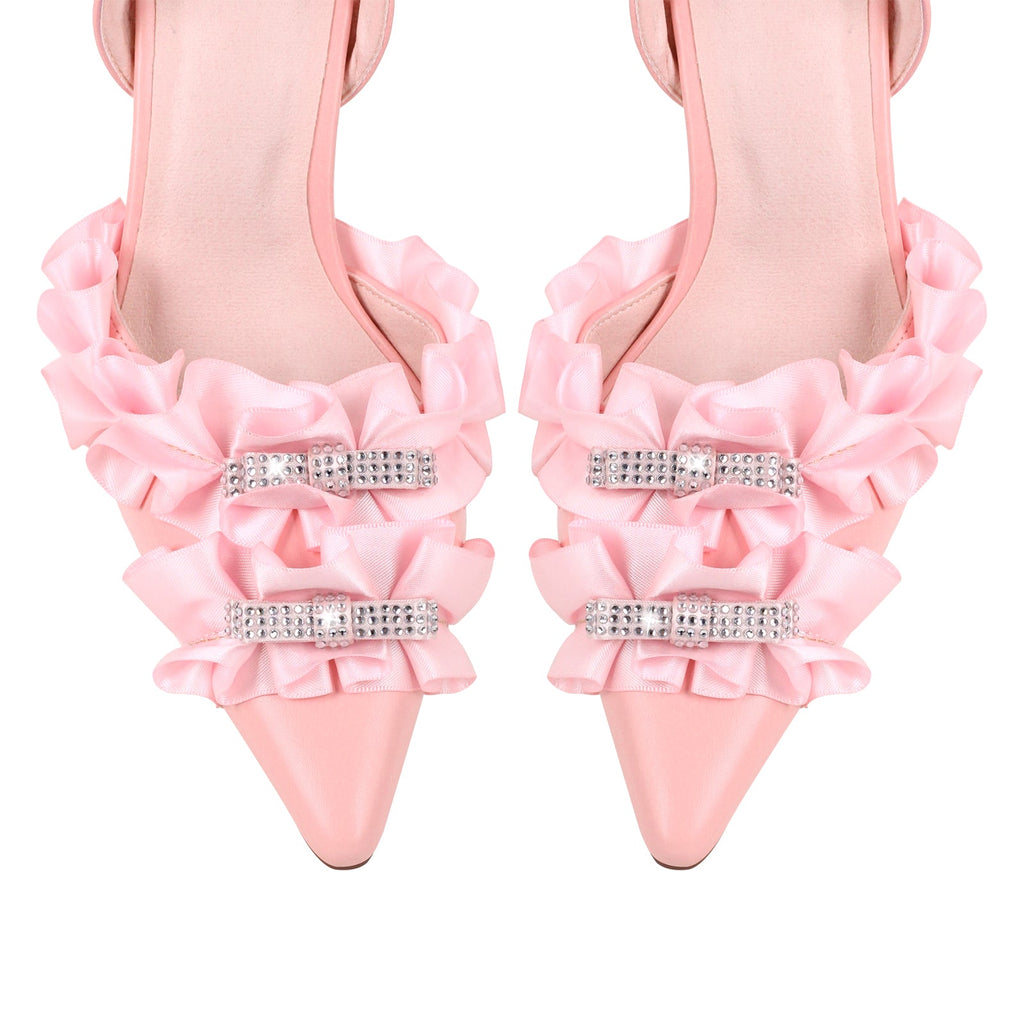 Rhinestone Lace Bow Pointed Toe Stiletto Slingback Pumps