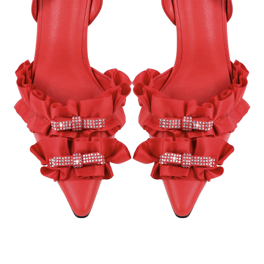 Rhinestone Lace Bow Pointed Toe Stiletto Slingback Pumps