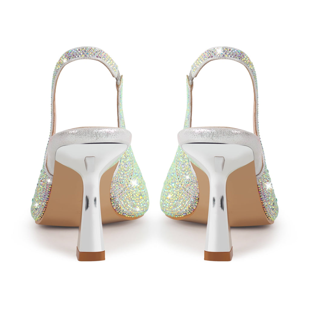 Pointed Toe Rhinestone Kitten Heel Slingback Pumps
