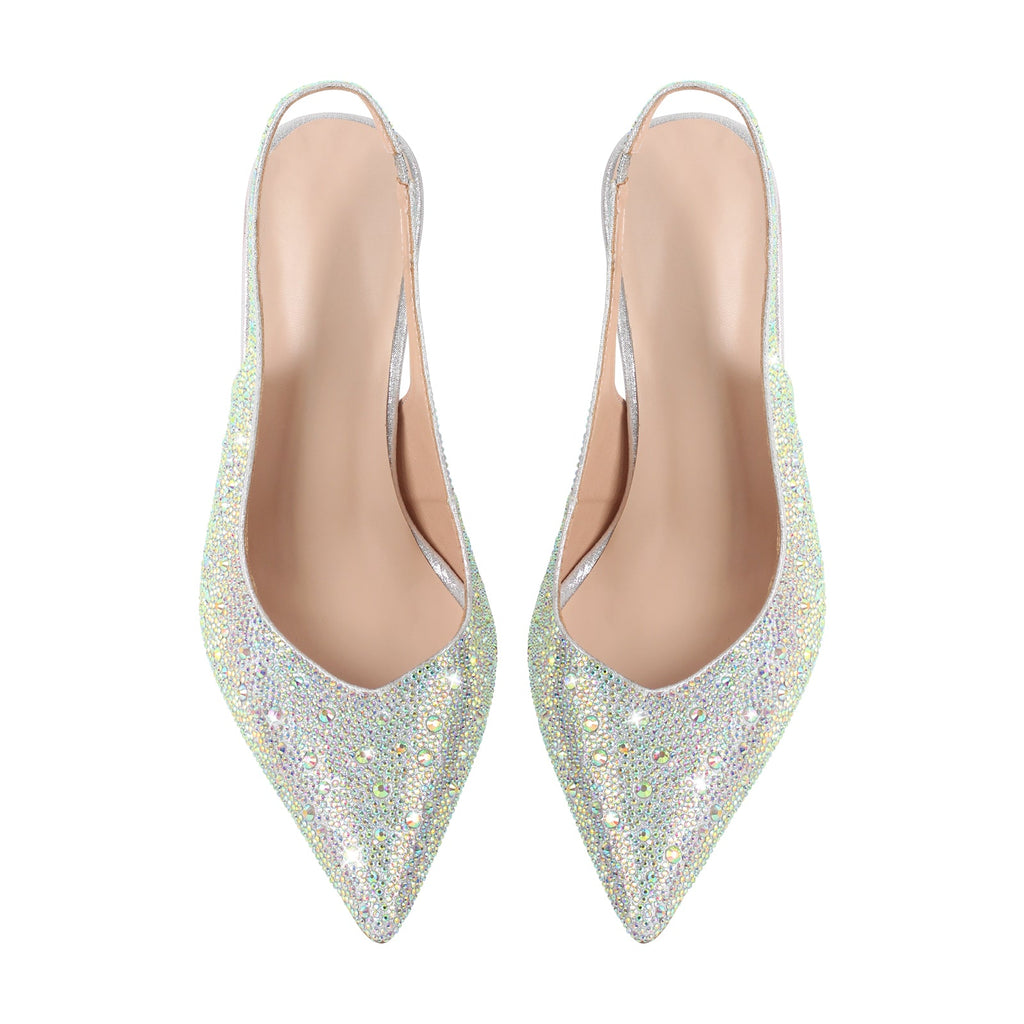 Pointed Toe Rhinestone Kitten Heel Slingback Pumps