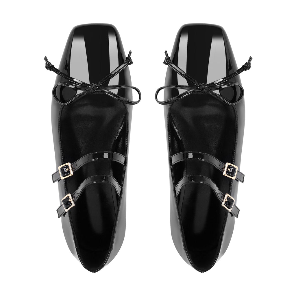 Black Bow Square Toe Buckle Ballet Flats