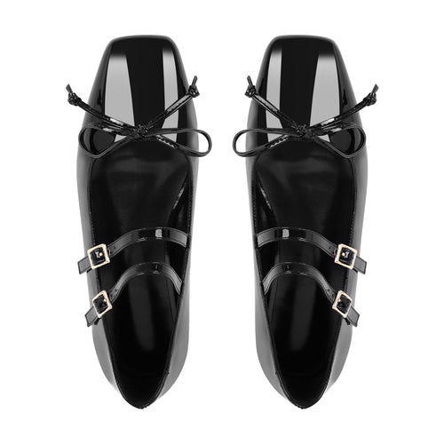 Black Bow Square Toe Buckle Ballet Flats