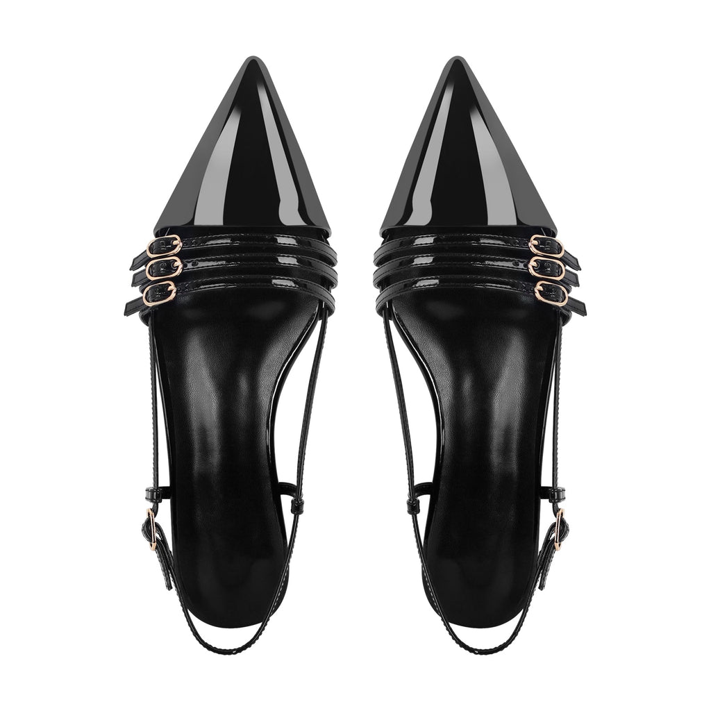 Pointed Toe Round Heel Hollow Buckle Slingback Flats