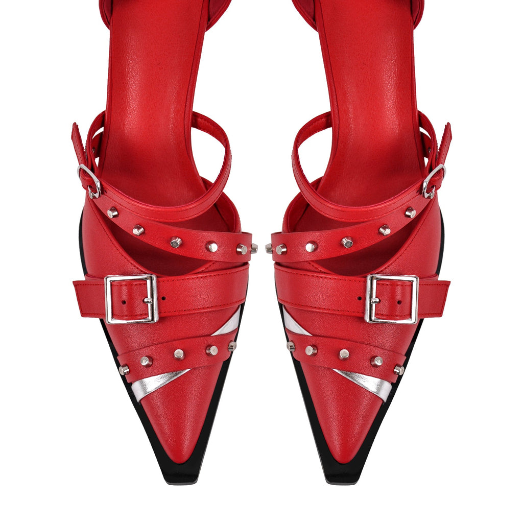 Pointed Toe Rivet Buckle Ankle Strap Pumps