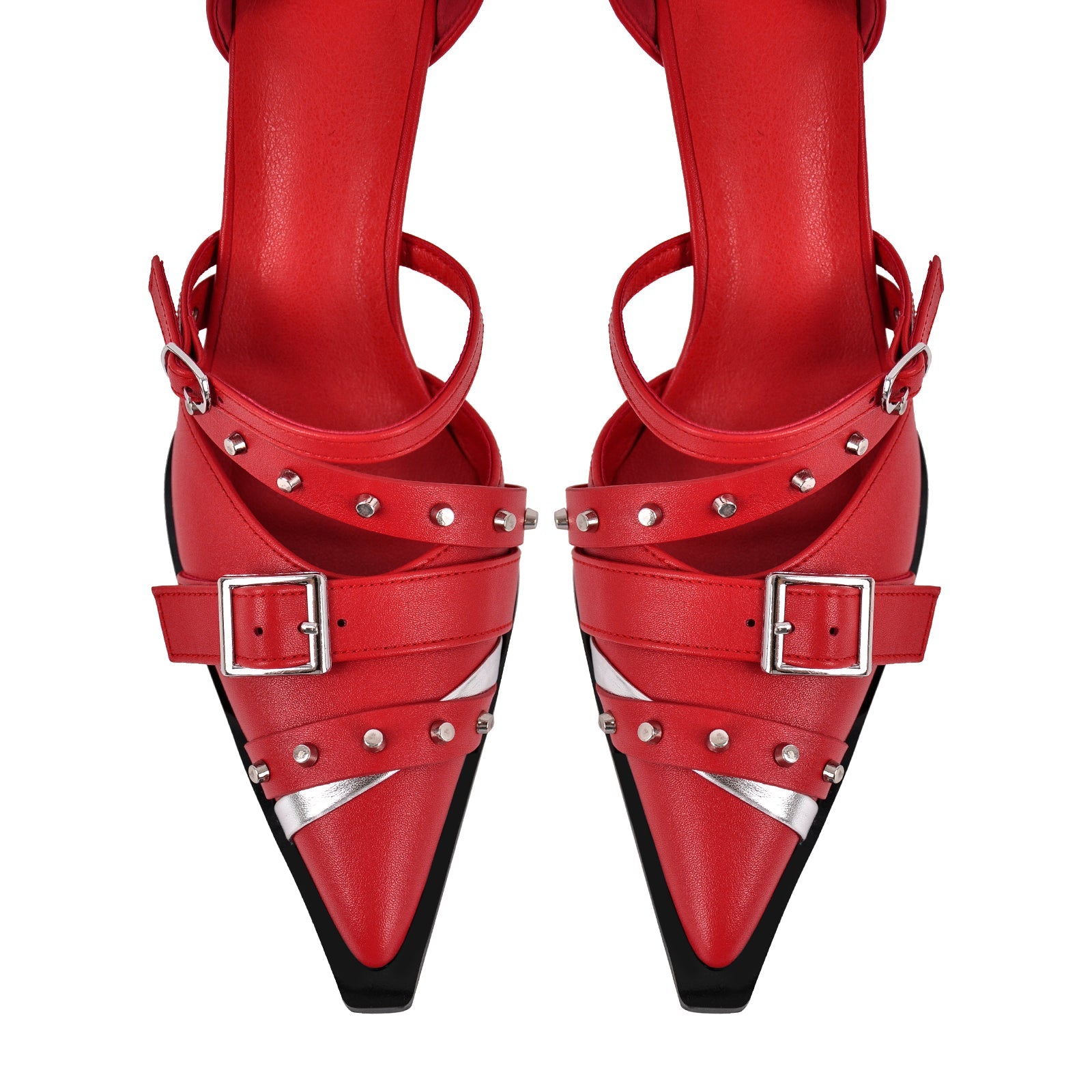 Pointed Toe Rivet Buckle Ankle Strap Pumps