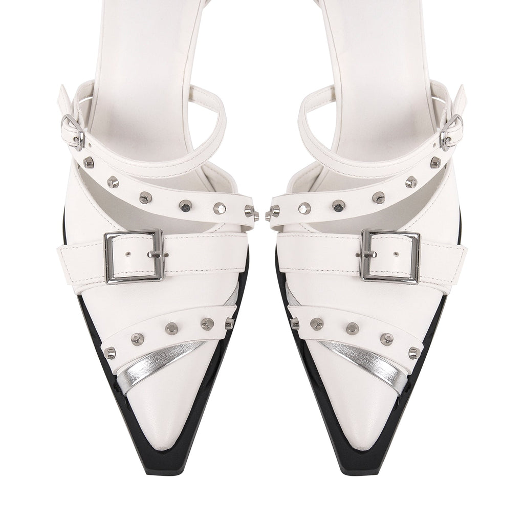 Pointed Toe Rivet Buckle Ankle Strap Pumps