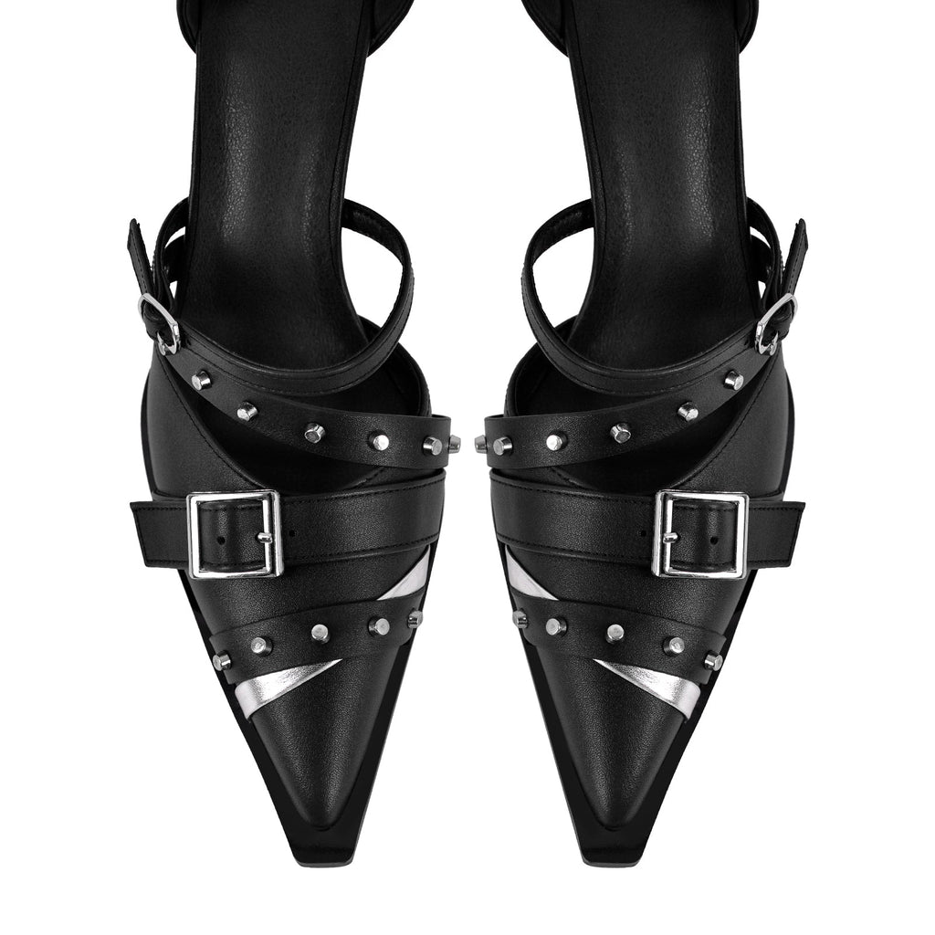 Pointed Toe Rivet Buckle Ankle Strap Pumps