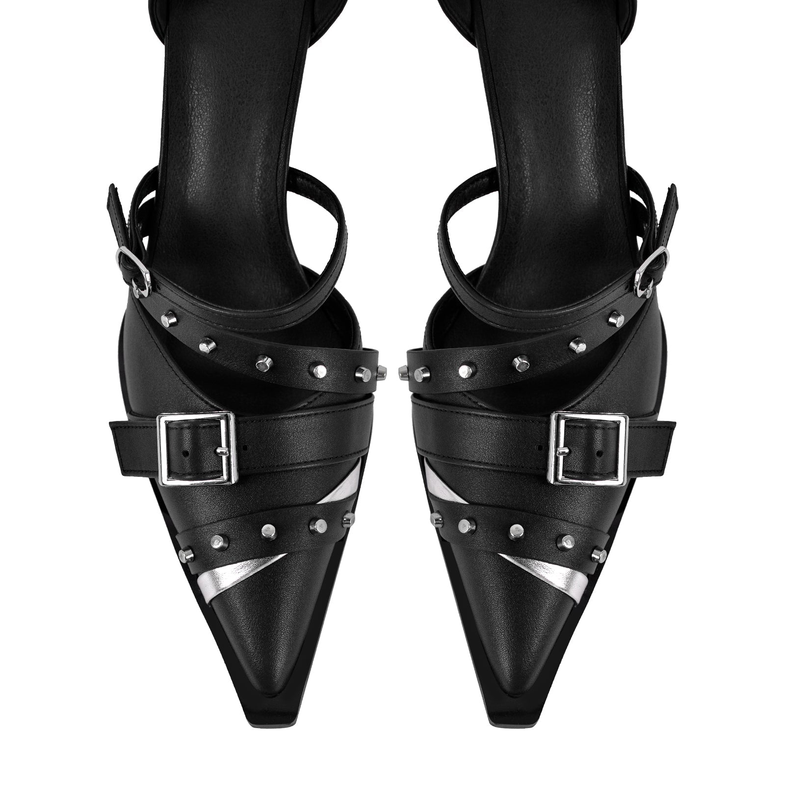 Pointed Toe Rivet Buckle Ankle Strap Pumps