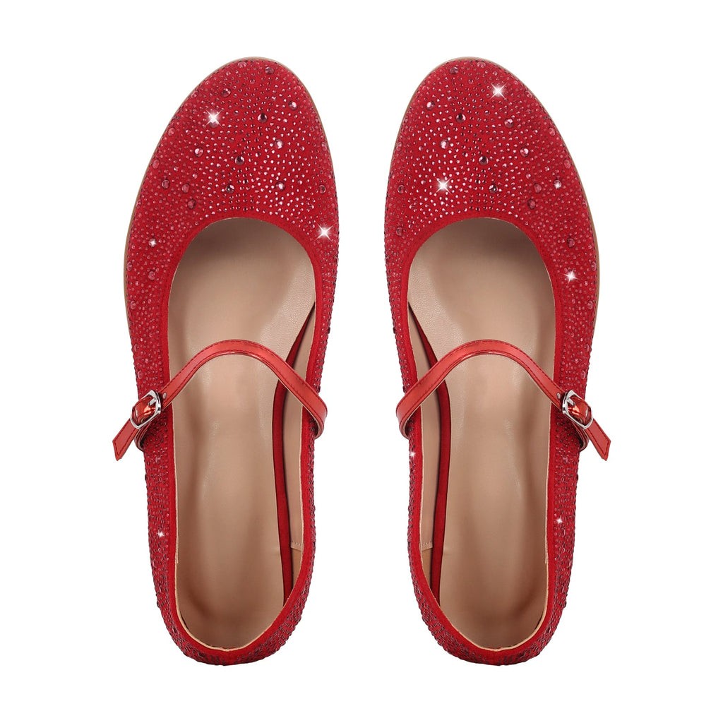 Round Toe Rhinestone Buckle Strap Flats