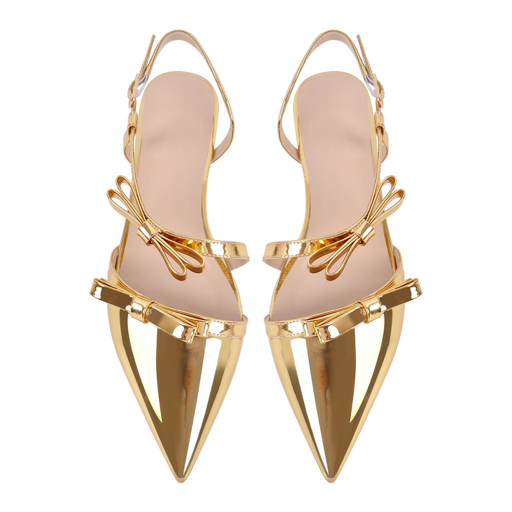 Metallic Bow Pointed Toe Round Heel Slingback Flats