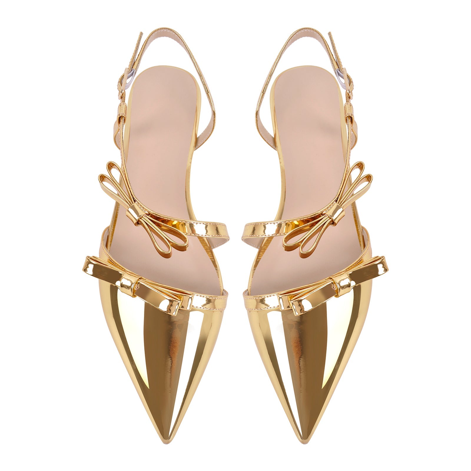 Metallic Bow Pointed Toe Round Heel Slingback Flats