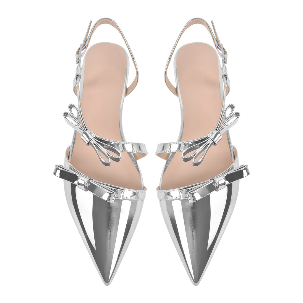 Metallic Bow Pointed Toe Round Heel Slingback Flats
