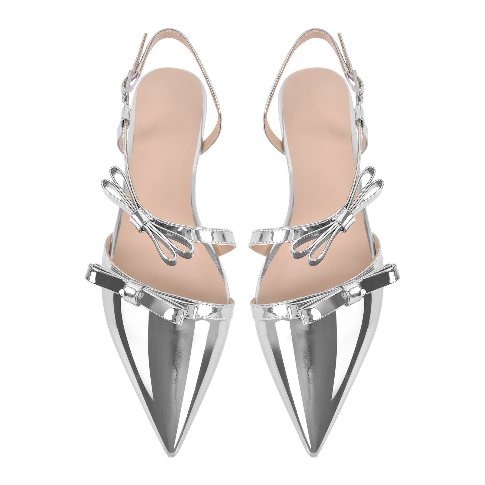 Metallic Bow Pointed Toe Round Heel Slingback Flats
