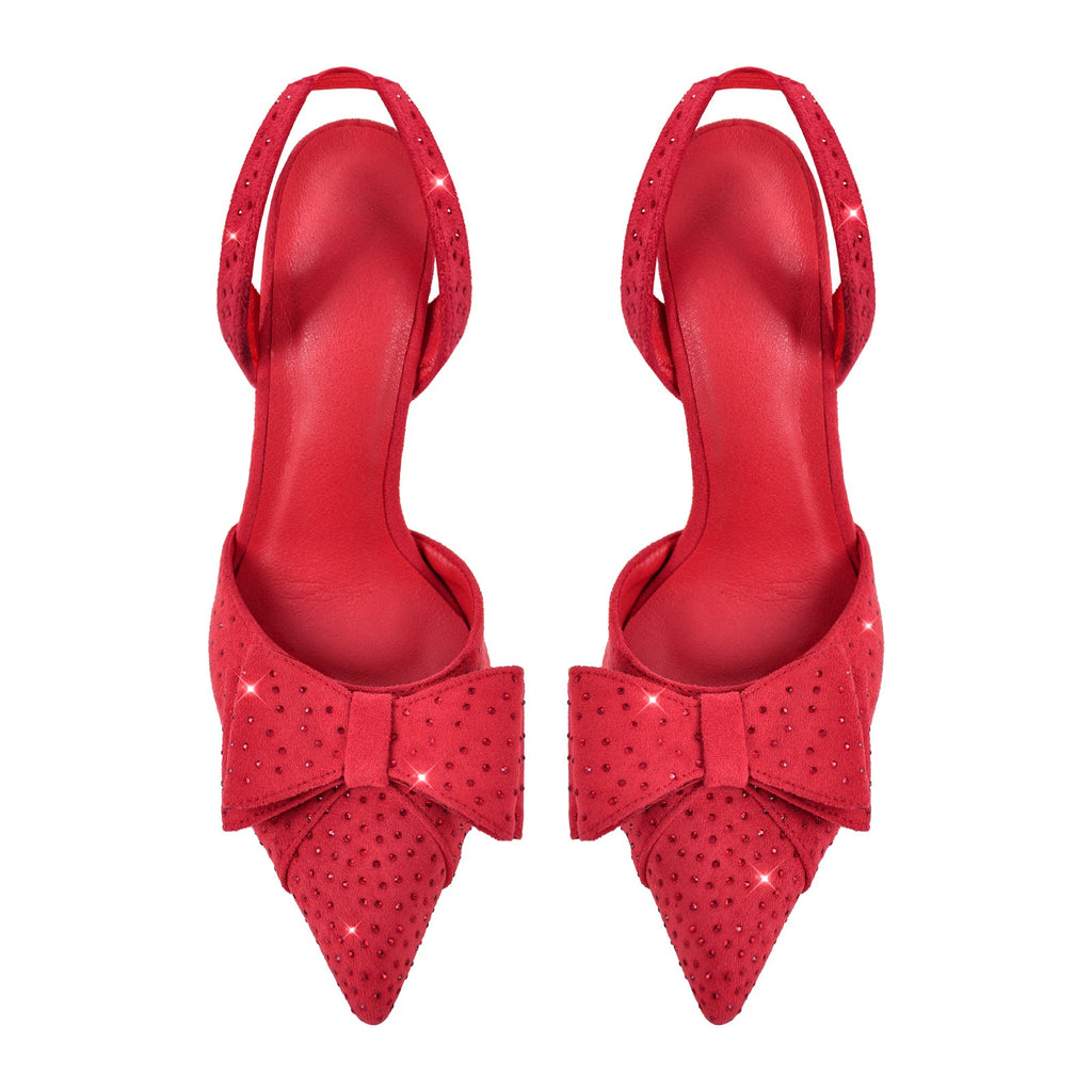 Suede Bow Rhinestone Slingback Stiletto Pumps