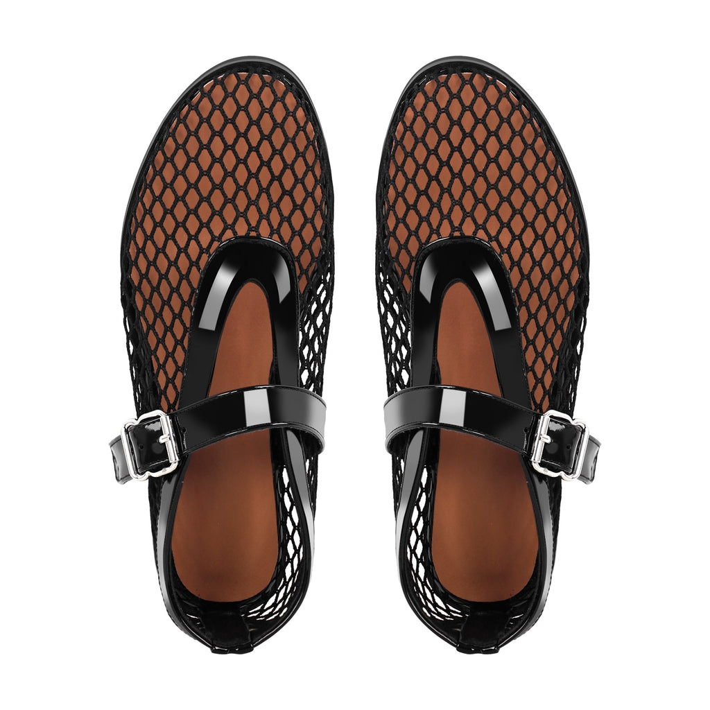 Round Toe Mesh Buckle Strap Ballet Flats