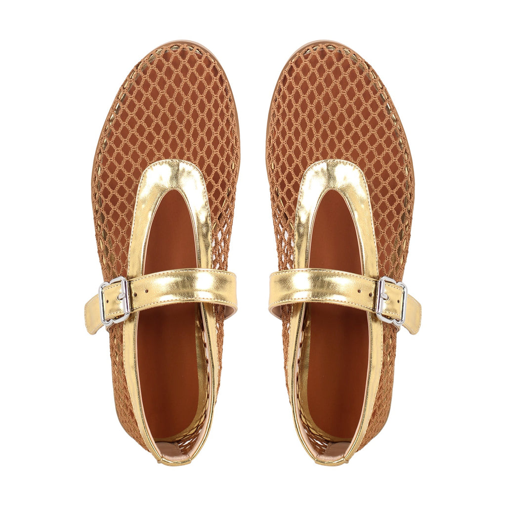 Round Toe Mesh Buckle Strap Ballet Flats