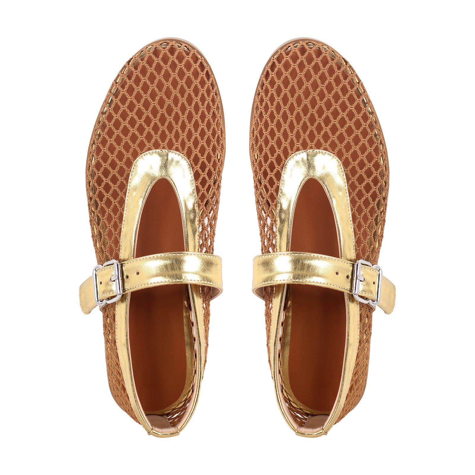 Round Toe Mesh Buckle Strap Ballet Flats