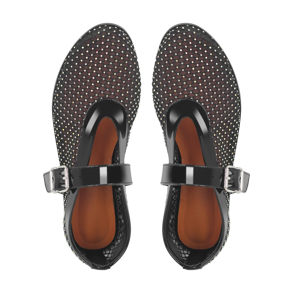 Black Mesh Rhinestone Bukle Strap Flats