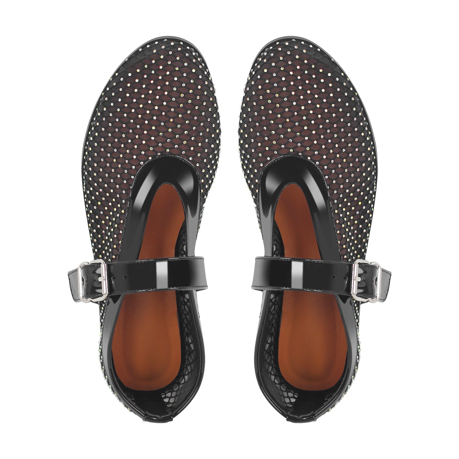 Black Mesh Rhinestone Bukle Strap Flats