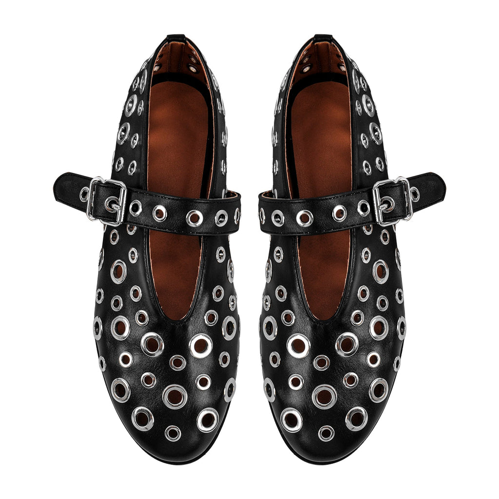 Round Toe Metal Hollow Buckle Flats