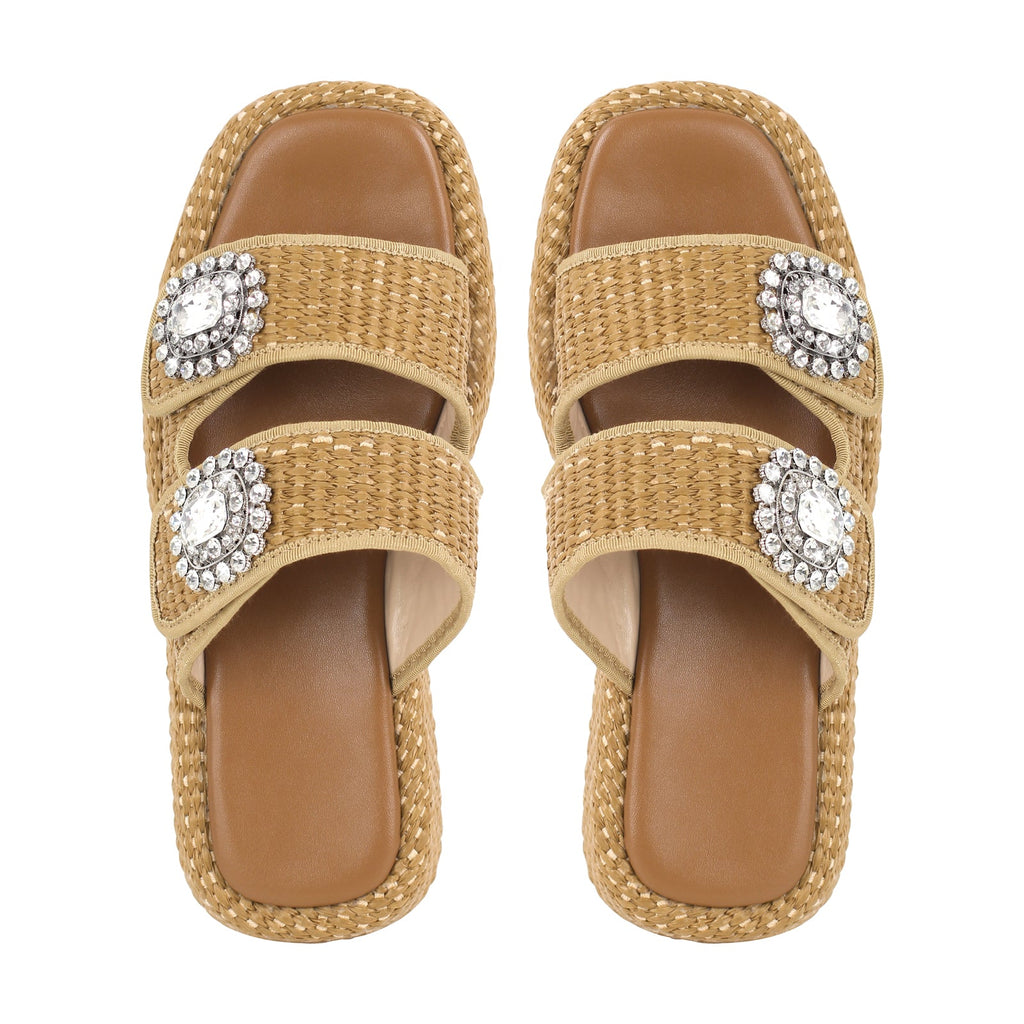 Rhinestone Square Toe Straw Platform Slippers