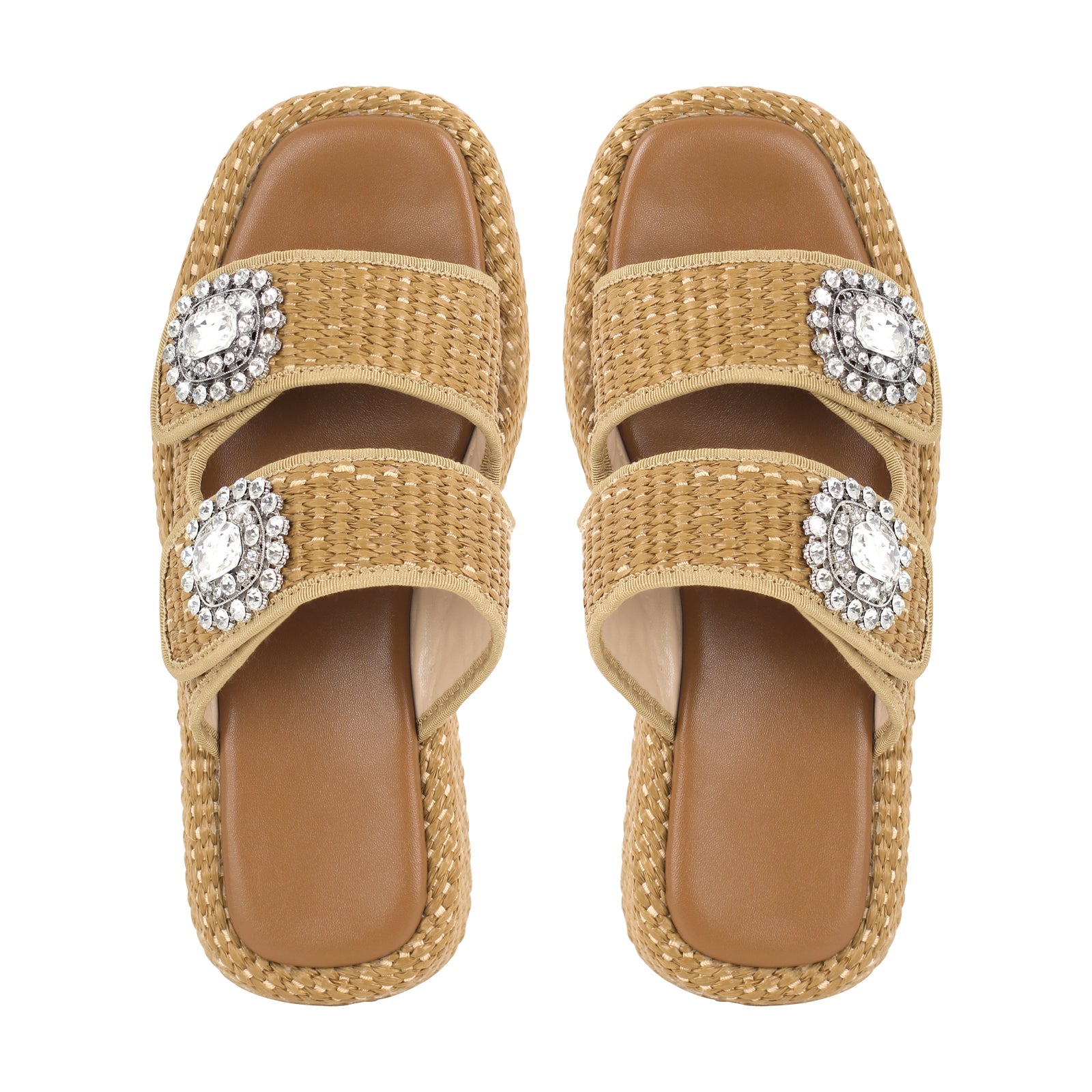 Rhinestone Square Toe Straw Platform Slippers