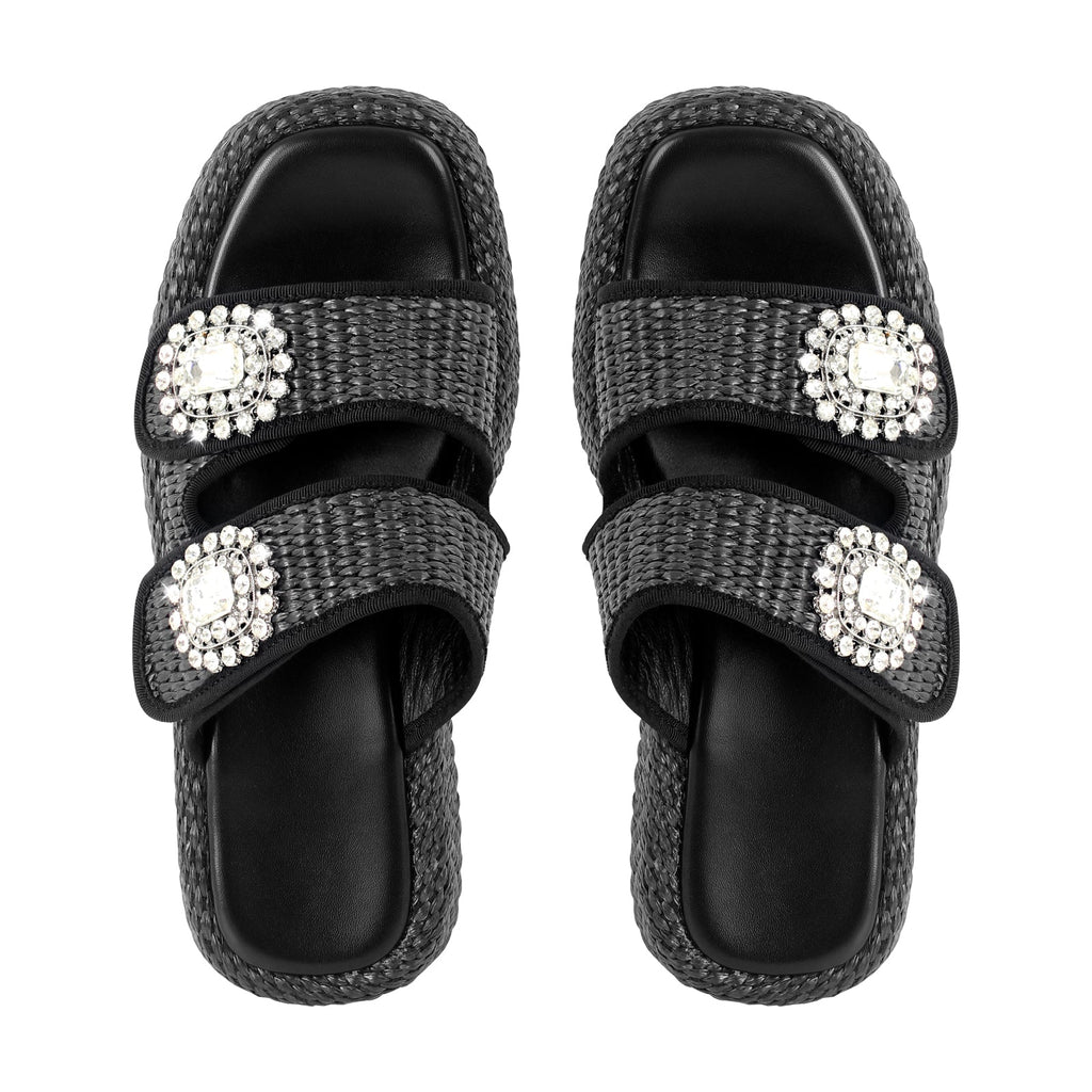Rhinestone Square Toe Straw Platform Slippers