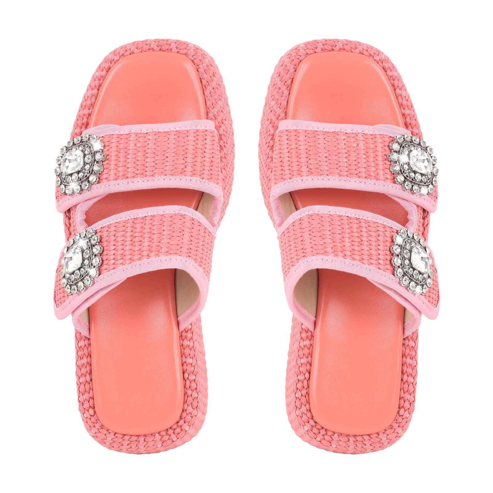 Rhinestone Square Toe Straw Platform Slippers