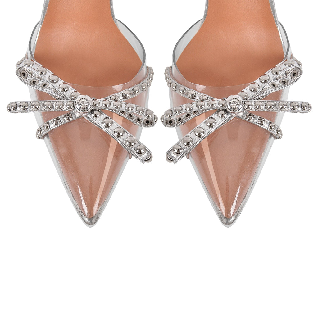 Bow Rivet Pointed Toe Cross Ankle Strap Pumps