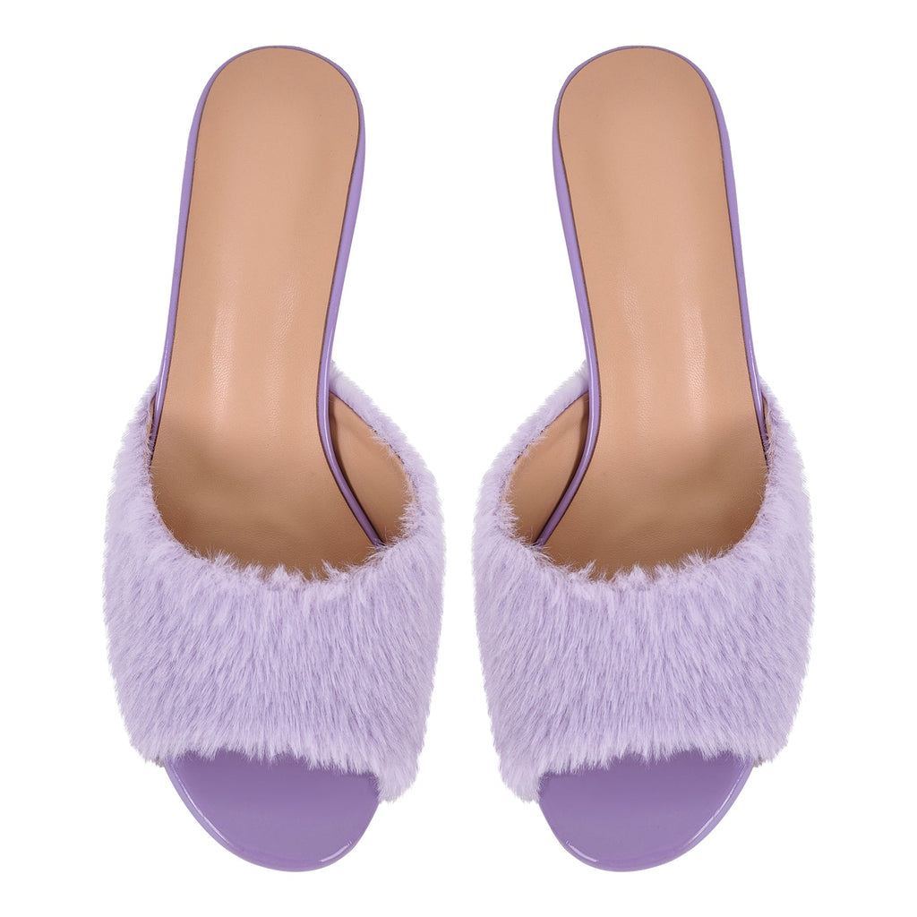 Round Toe Chunky Heel Fur Sandals Mules