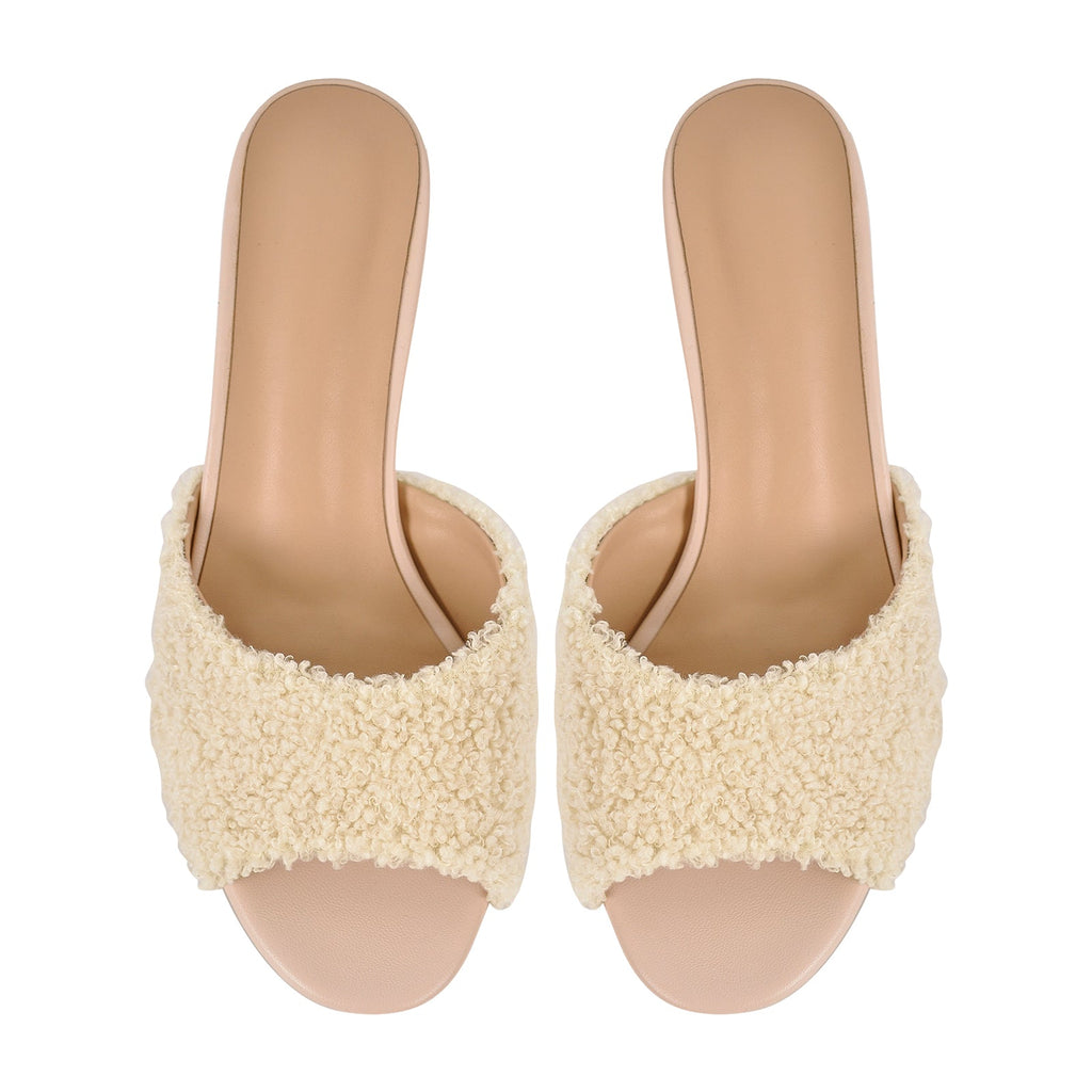 Round Toe Chunky Heel Fur Sandals Mules