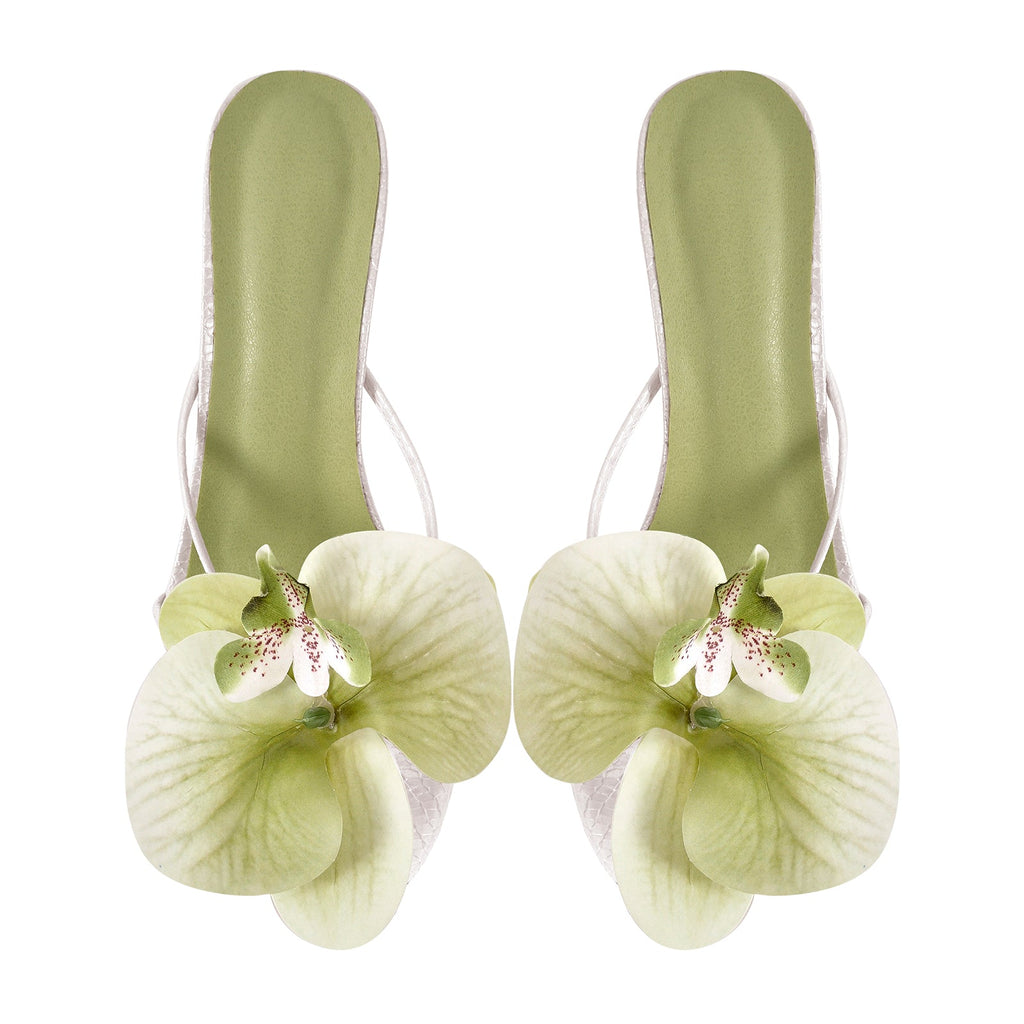 Flower Round Toe Clear Heel Thong Sandals Mules