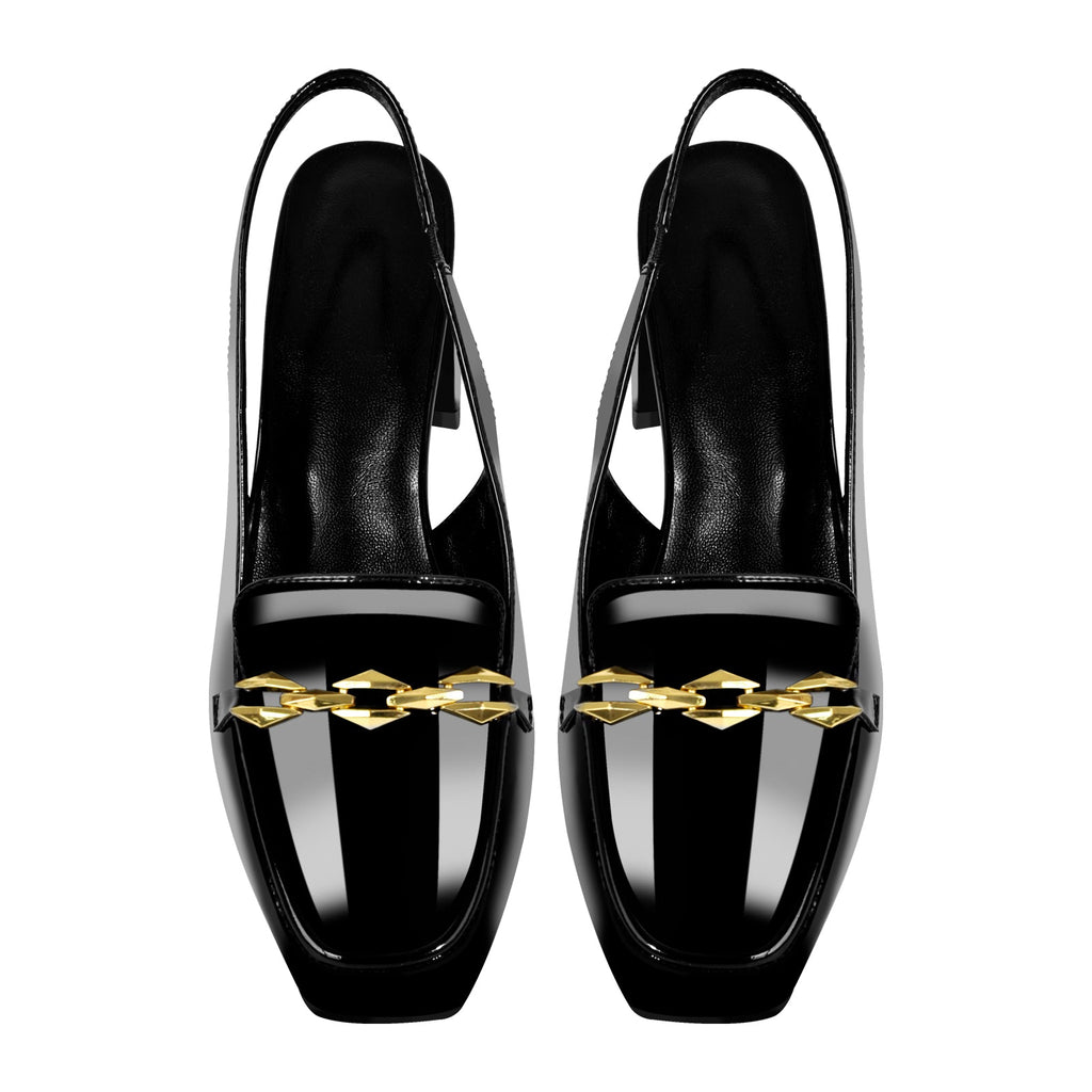 Square Toe Metal Chain Chunky Heel Slingback Pumps