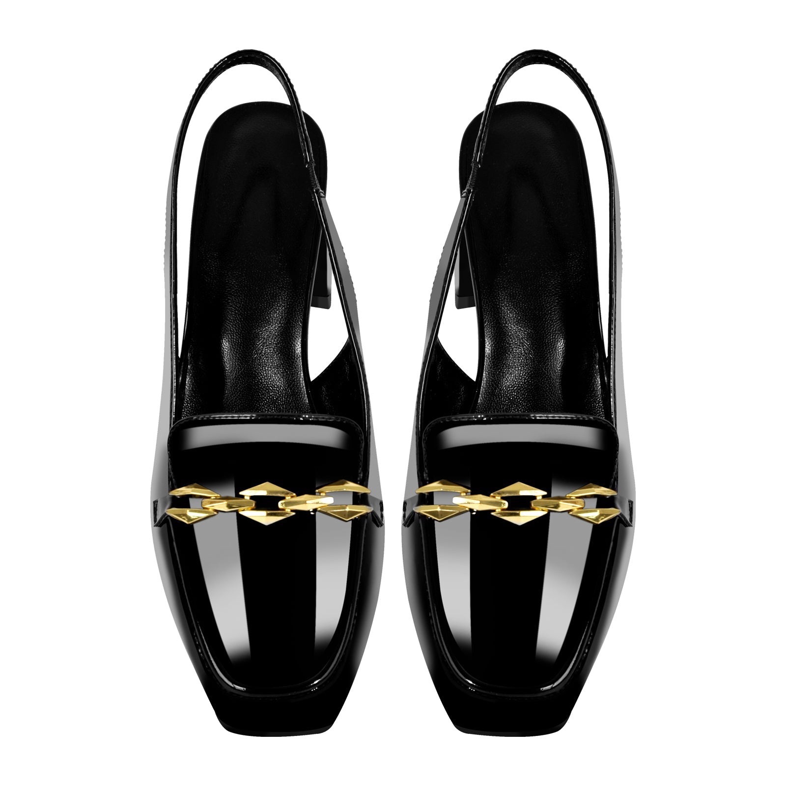 Square Toe Metal Chain Chunky Heel Slingback Pumps